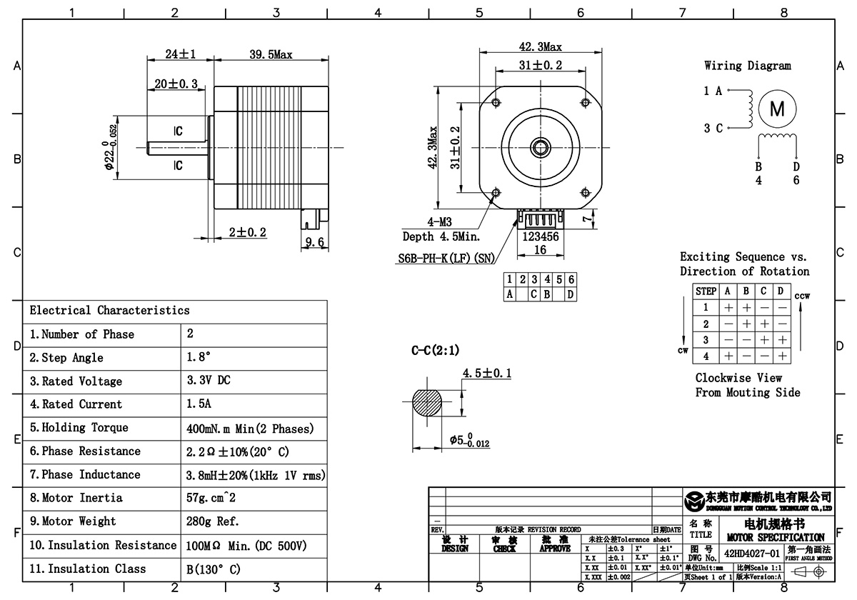 Motore Passo Passo NEMA 17 200spr 4Kg-cm 42HD4027-01-A